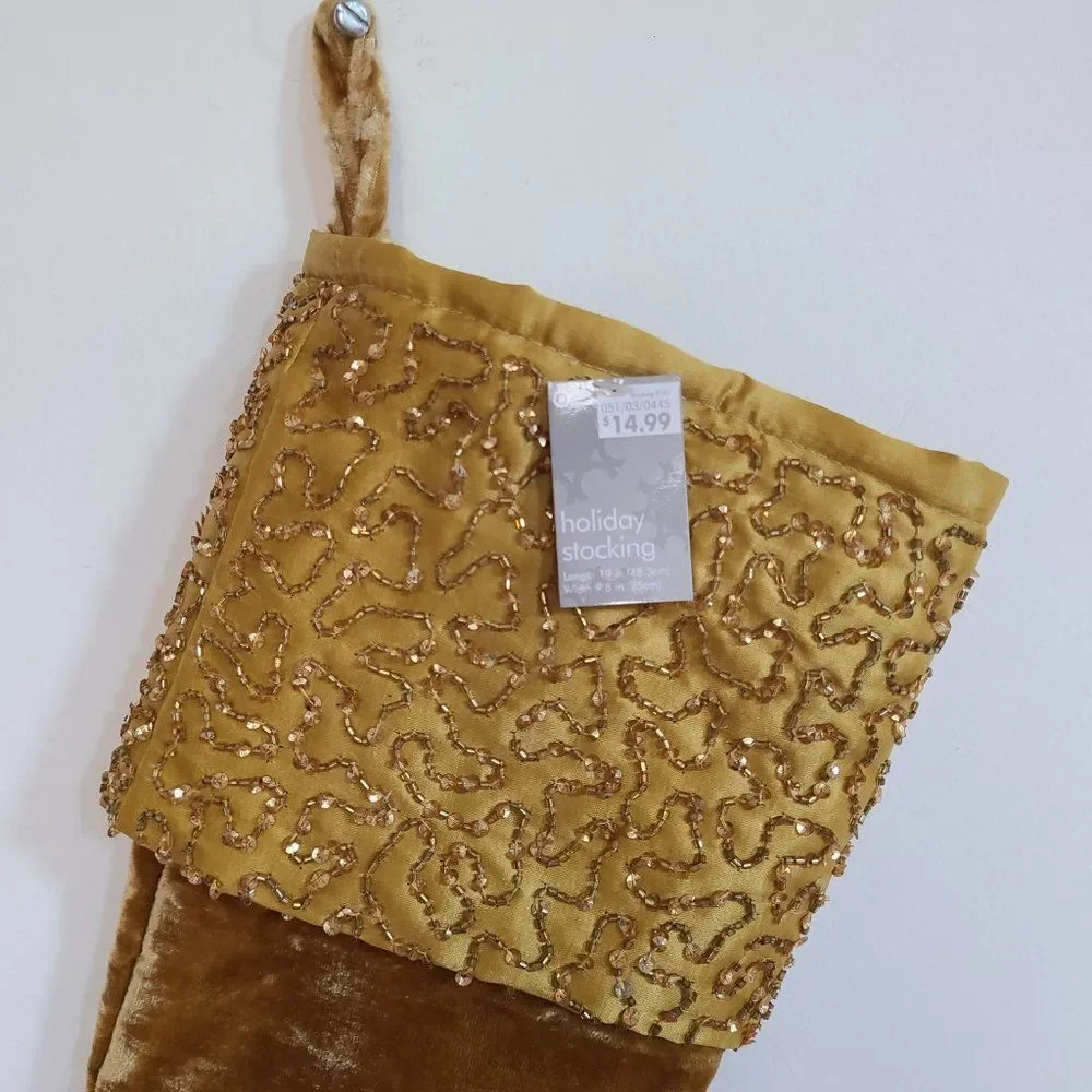 Target Elegant Gold Holiday Stocking Beaded Satin Brushed Velvet Look NEW NWT